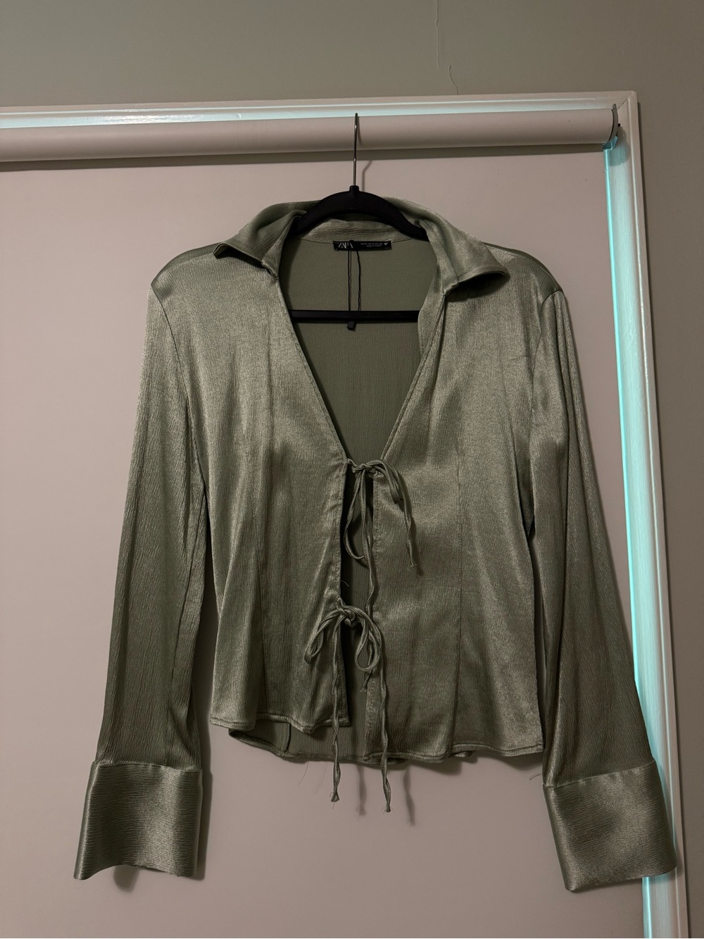 Zara Olive Green Satin Tie-Front Shirt